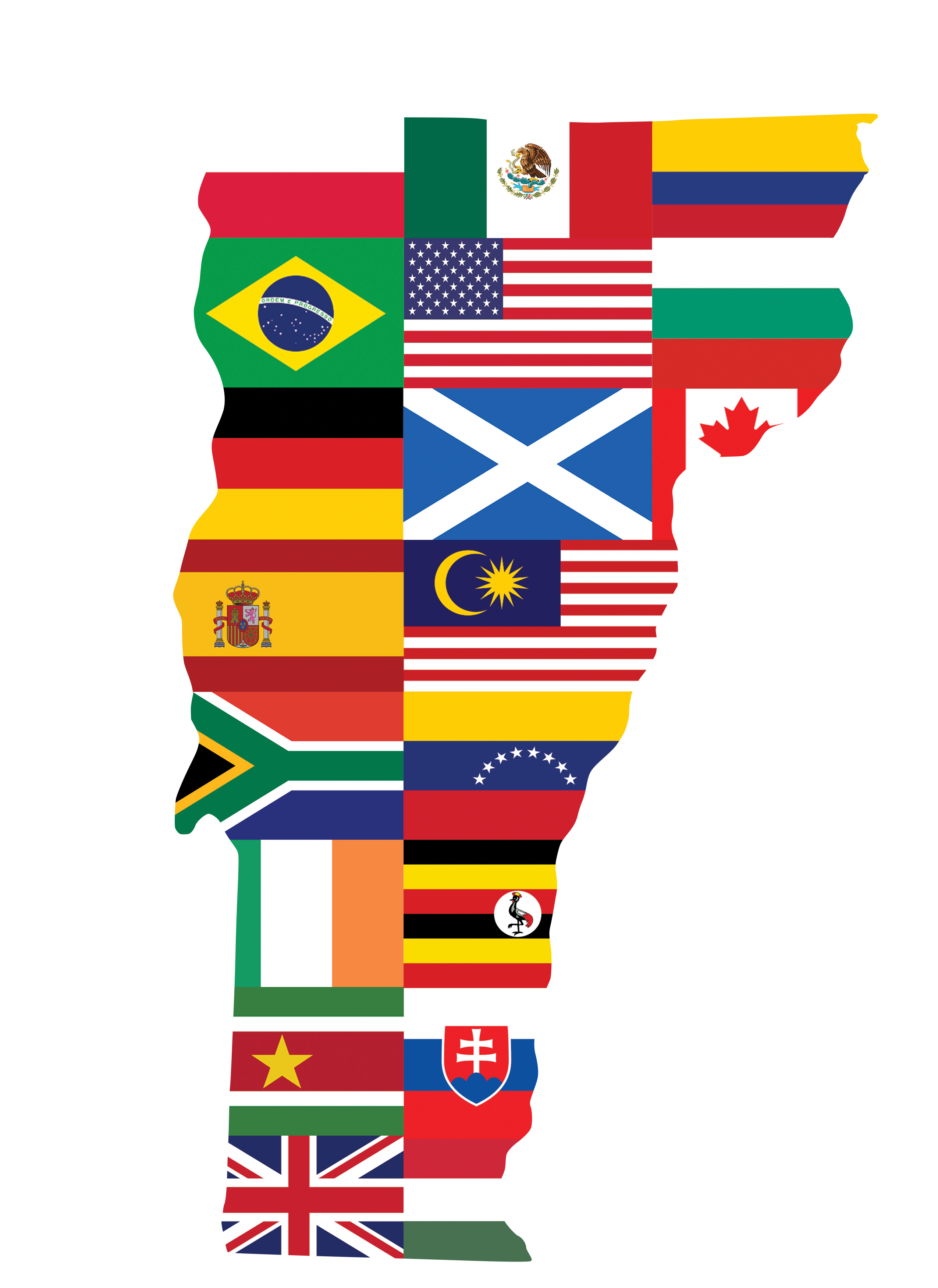 State of VT with different country flags